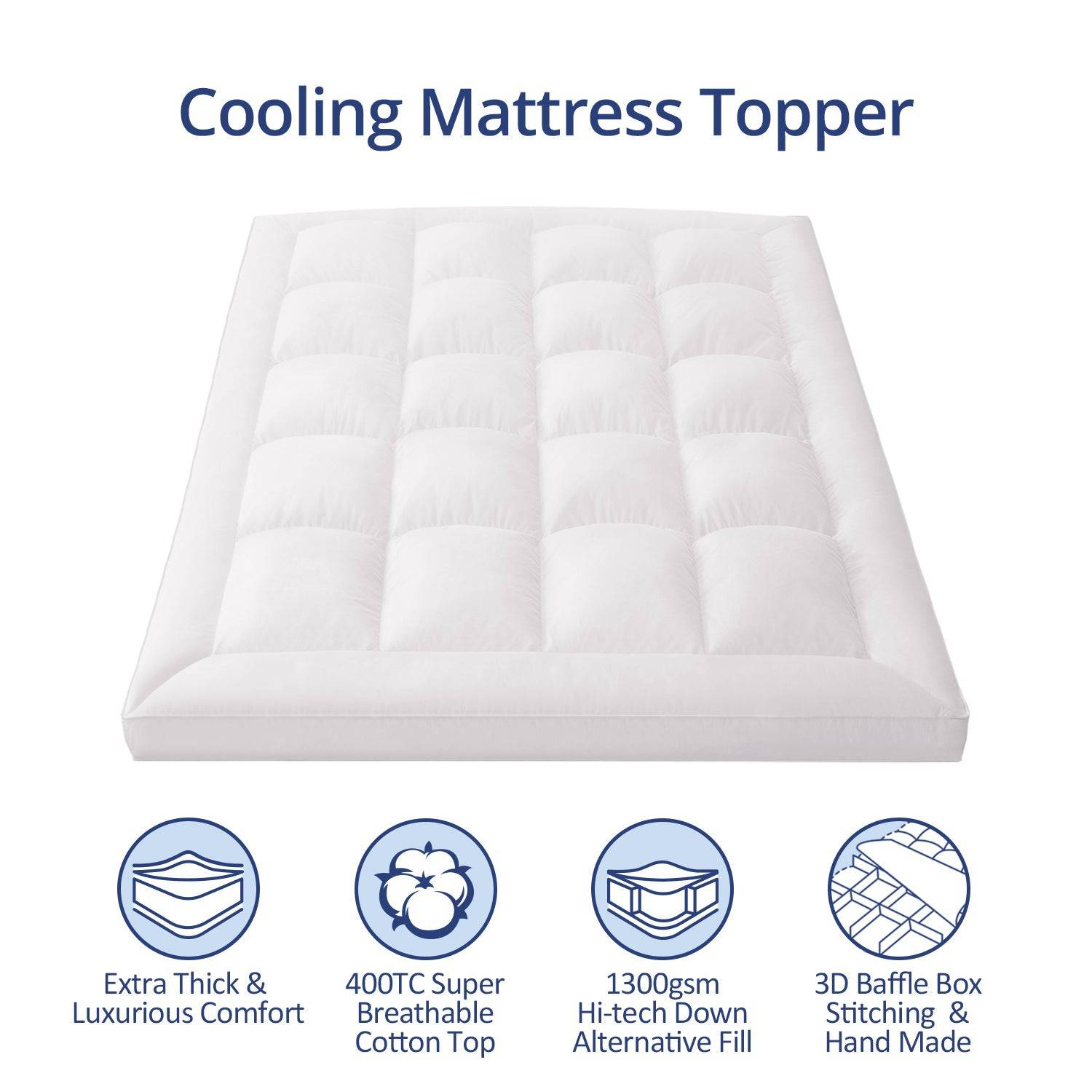 Extra Thick Cooling Mattress Topper, 1300 GSM Overfilled Pillow Top with Baffle Box Design, Hand Made 400TC Organic Cotton Pad Cover, Plush & Support Snow Down Alternative, Hotel Quality
