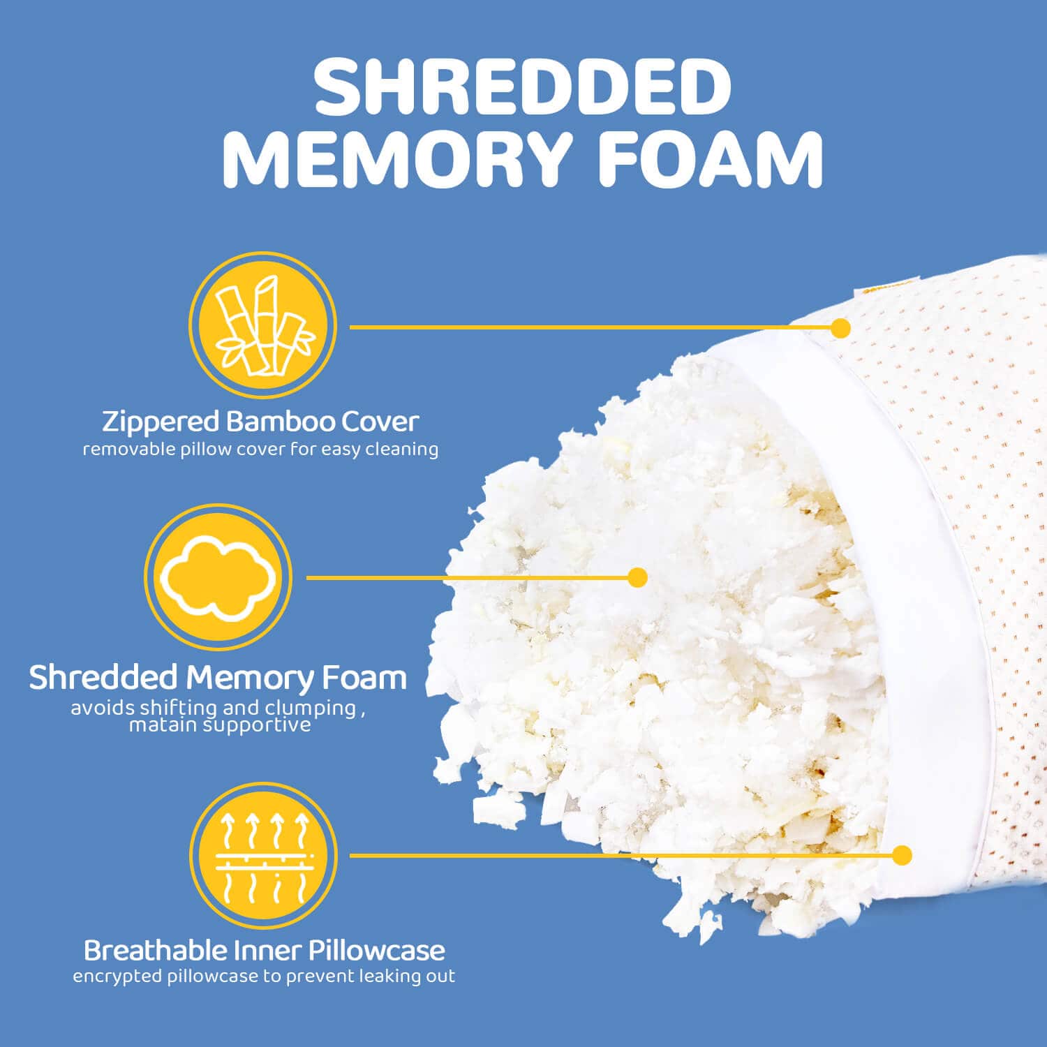 Full Body Pillow for Adults - Shredded Memory Foam & Zippered Cooling Bamboo Cover - Long Pillow for Sleeping - Bed Pillows for Side Sleeper