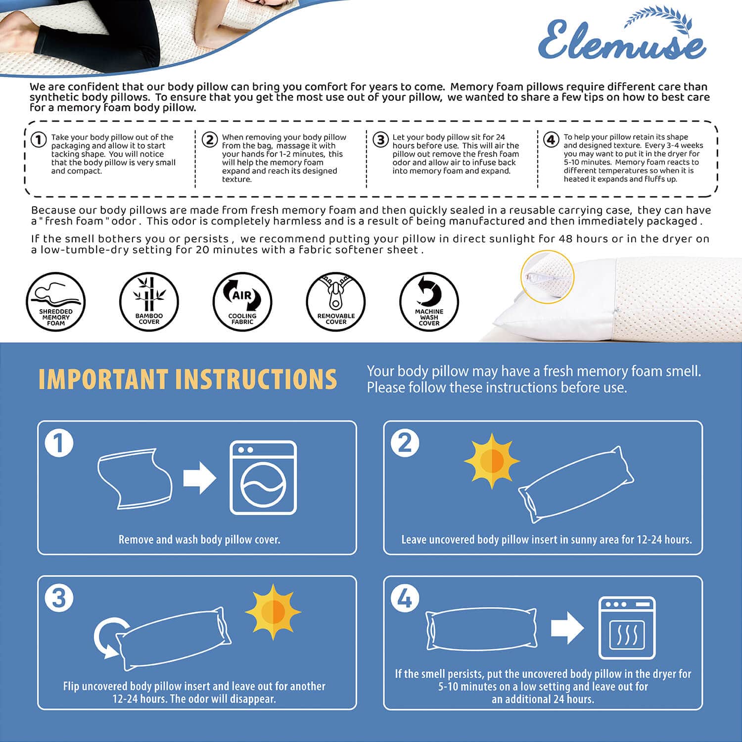 Full Body Pillow for Adults - Shredded Memory Foam & Zippered Cooling Bamboo Cover - Long Pillow for Sleeping - Bed Pillows for Side Sleeper