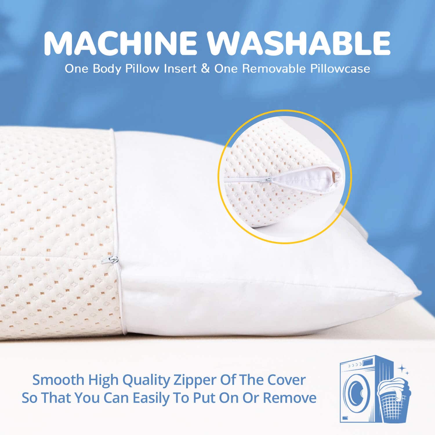 Full Body Pillow for Adults - Shredded Memory Foam & Zippered Cooling Bamboo Cover - Long Pillow for Sleeping - Bed Pillows for Side Sleeper