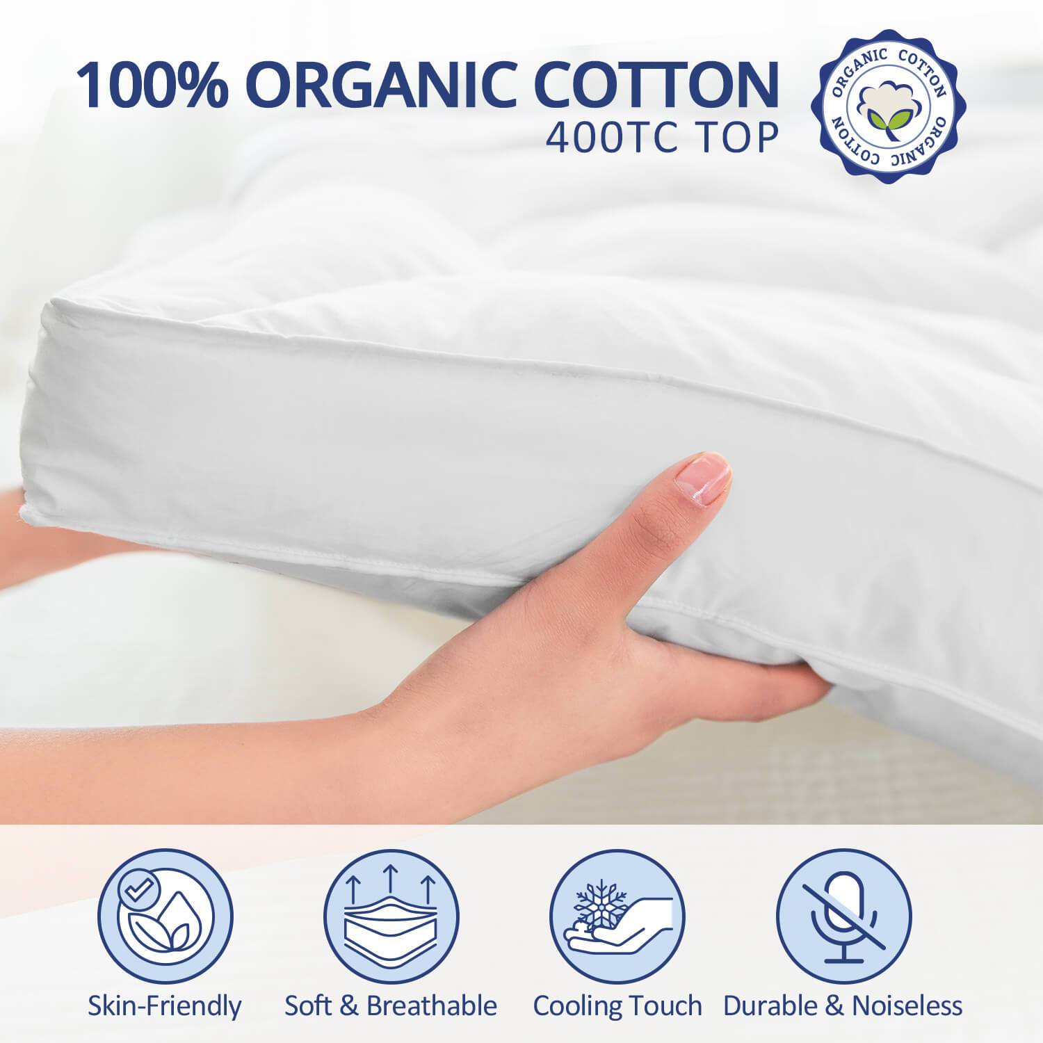 Extra Thick Cooling Mattress Topper, 1300 GSM Overfilled Pillow Top with Baffle Box Design, Hand Made 400TC Organic Cotton Pad Cover, Plush &amp; Support Snow Down Alternative, Hotel Quality