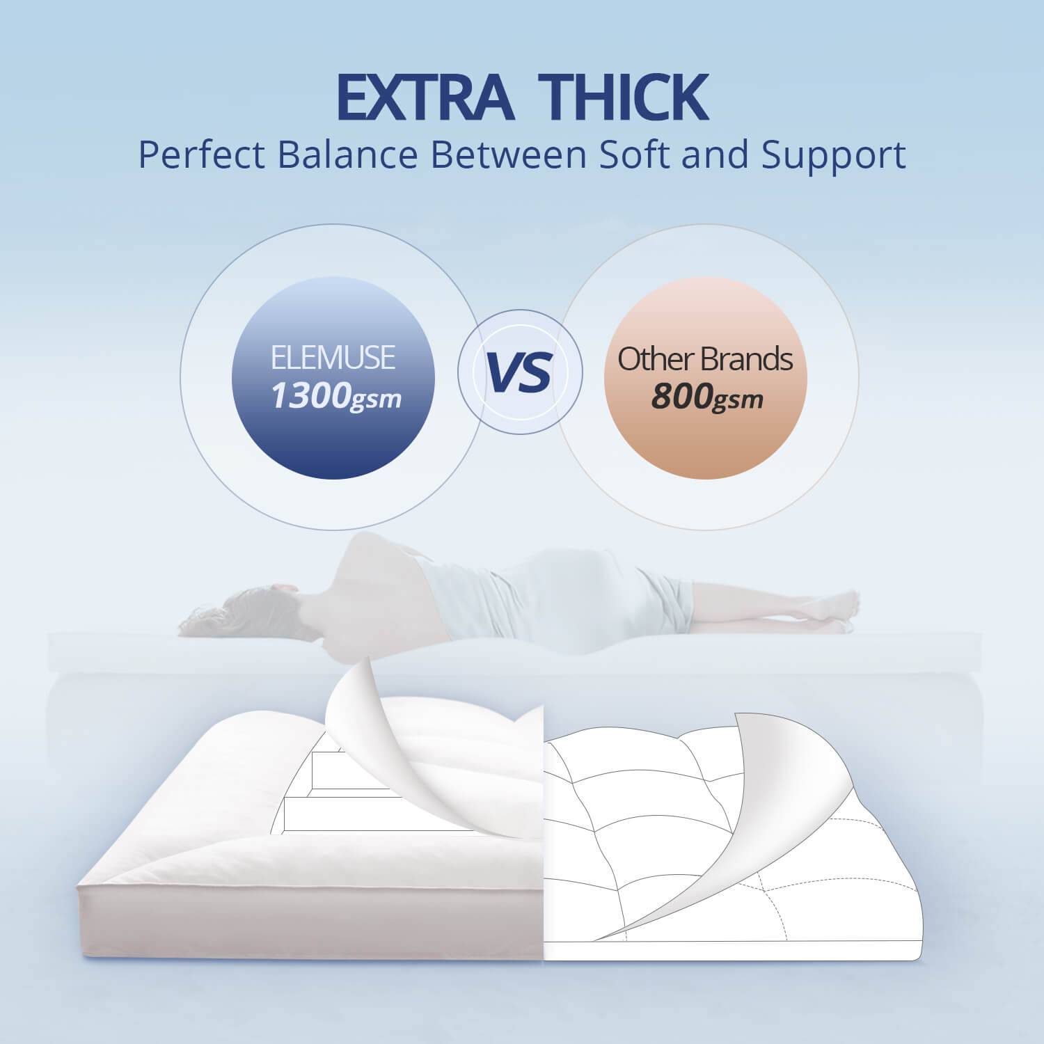 Extra Thick Cooling Mattress Topper, 1300 GSM Overfilled Pillow Top with Baffle Box Design, Hand Made 400TC Organic Cotton Pad Cover, Plush & Support Snow Down Alternative, Hotel Quality