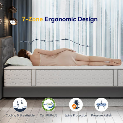 Bedtter Hybrid Mattress - 16-Zone Memory Foam &amp; Pocketed Coils for Optimal Spinal Alignment, Motion Isolation, Edge Support &amp; CertiPUR-US