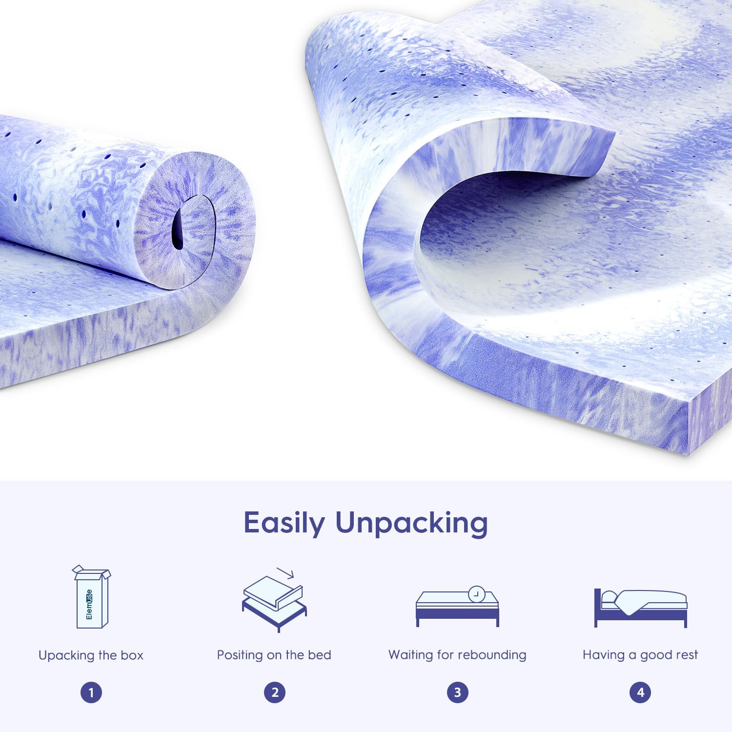 ELEMUSE Ventilated Memory Foam Topper - Cooling Gel Swirls, Pressure Relief &amp; CertiPUR-US