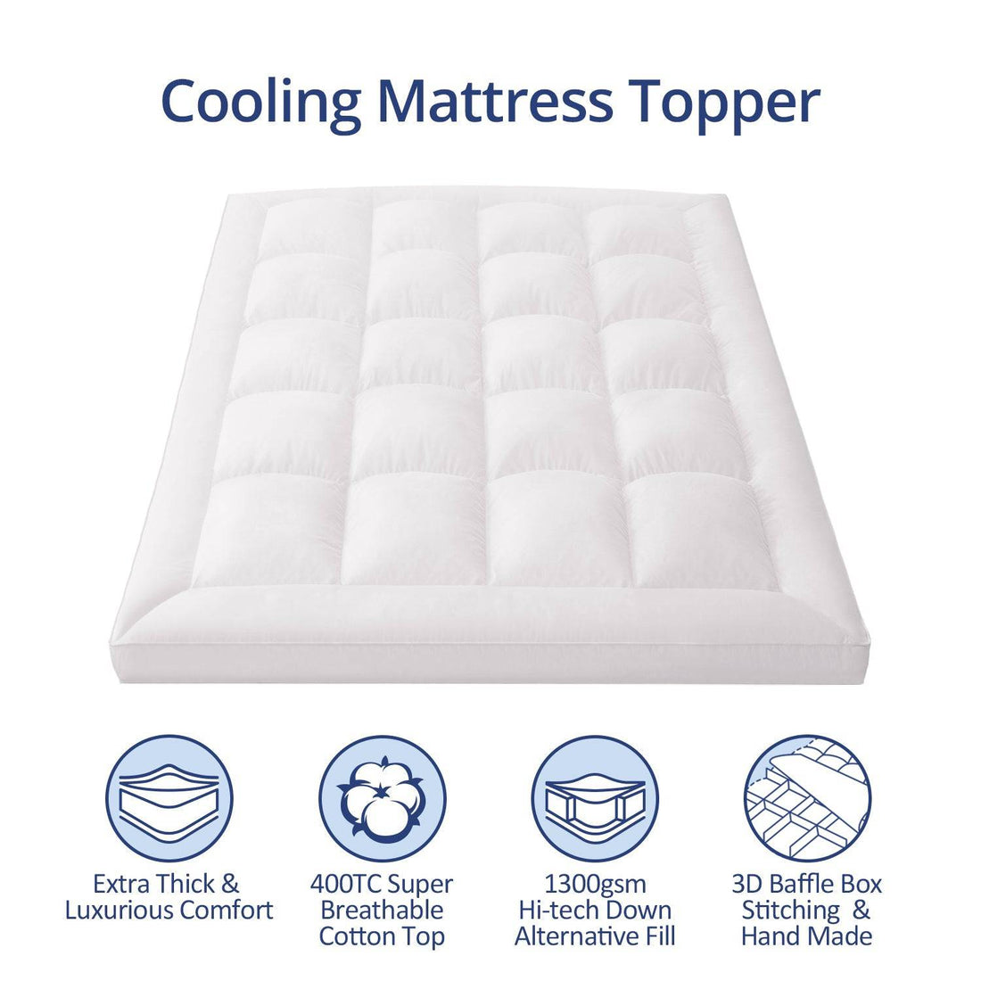 Extra Thick Cooling Mattress Topper, 1300 GSM Overfilled Pillow Top with Baffle Box Design, Hand Made 400TC Organic Cotton Pad Cover, Plush & Support Snow Down Alternative, Hotel Quality